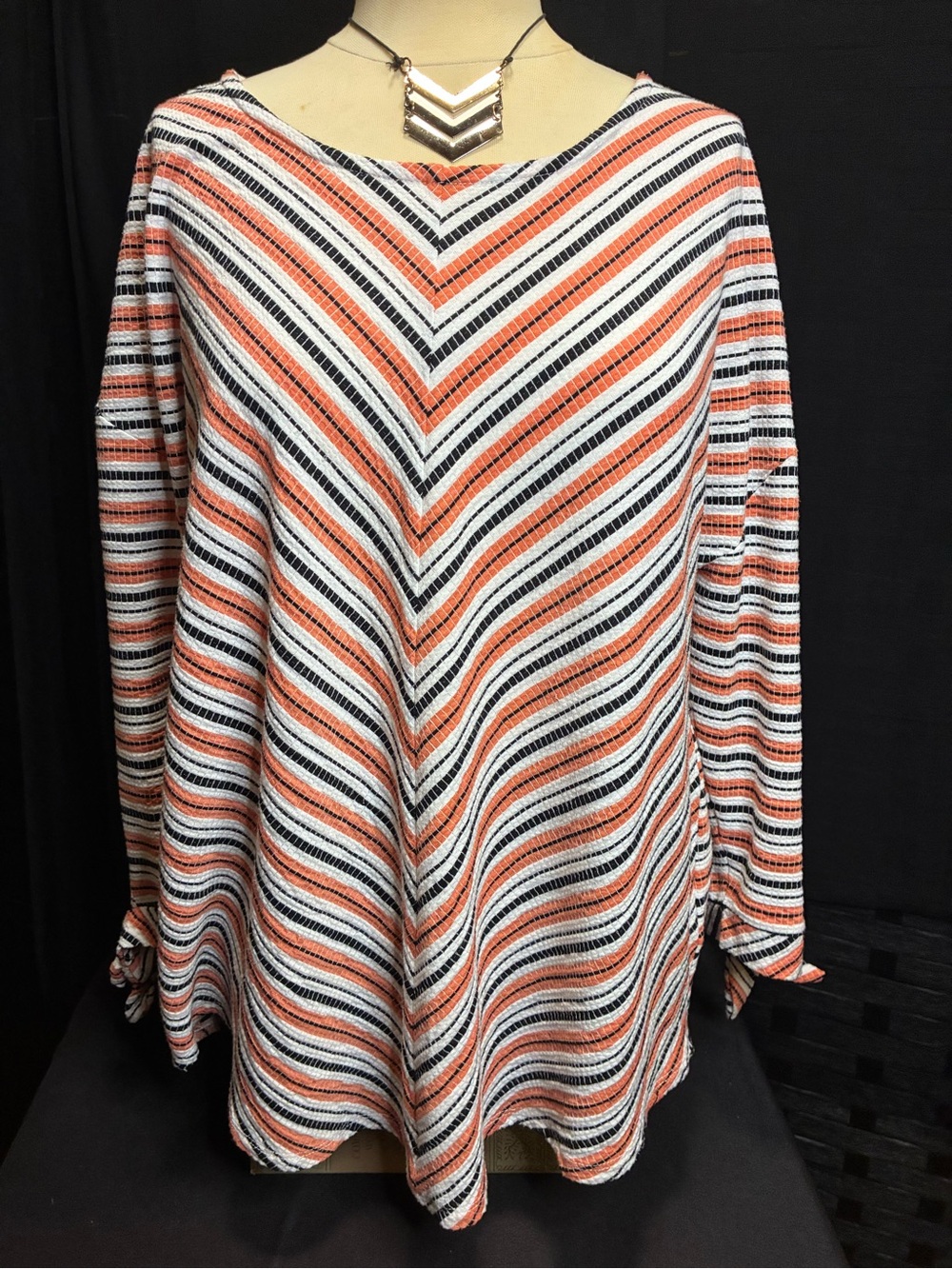 Ruby Rd. Chevron Stripe Boatneck Top in Coral, Black & White